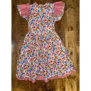 Vintage Floral Gingham Ruffle Sleeve Dress Kids Red Blue Yellow Flower Print